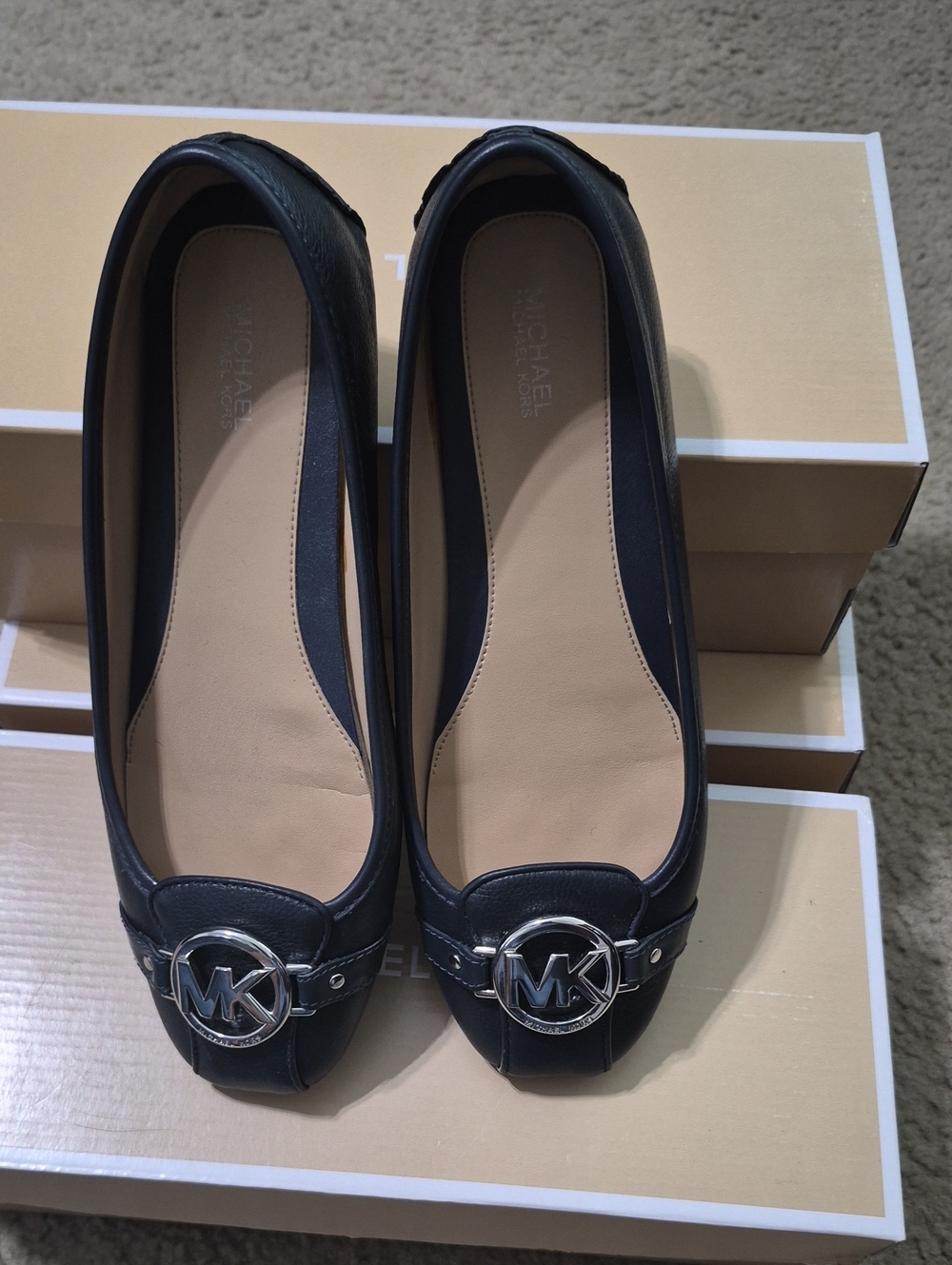 Michael Kors Navy Leather MK Logo Slip-On Flats